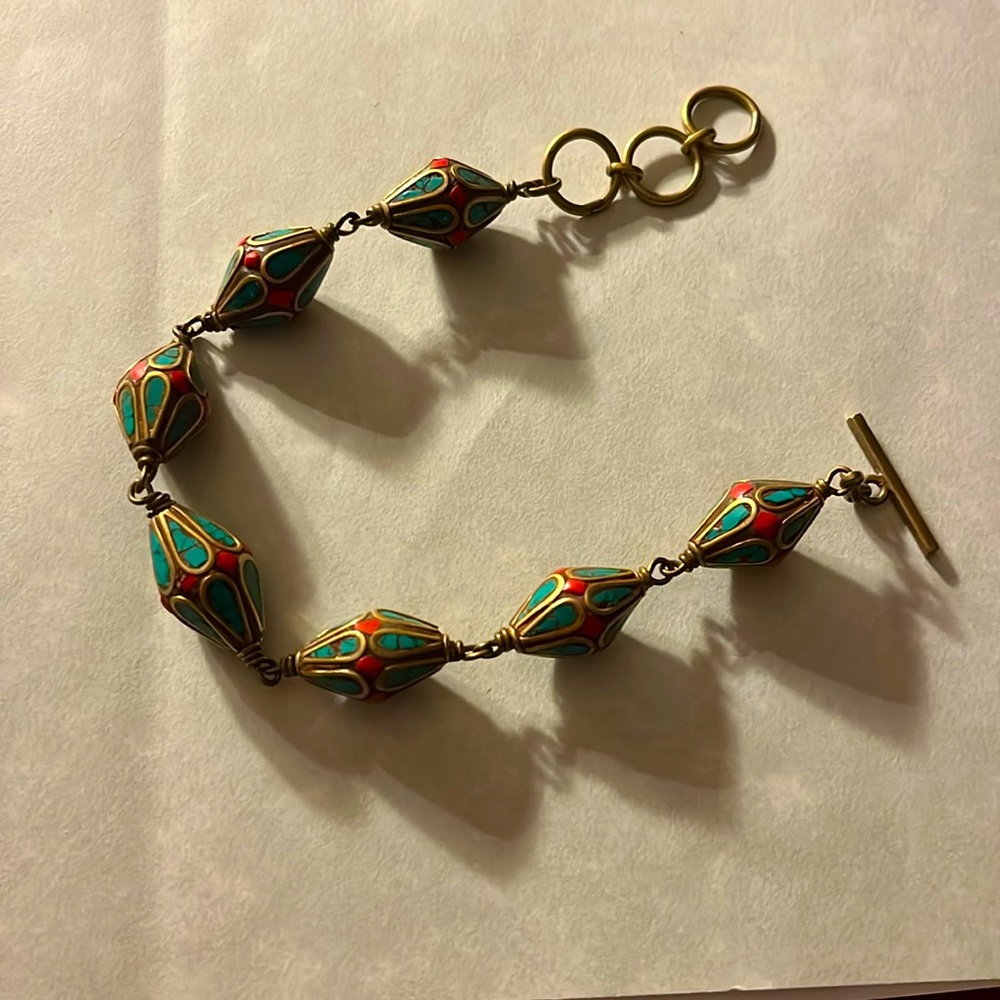 Vintage Coral and turquoise set in brass bracelet